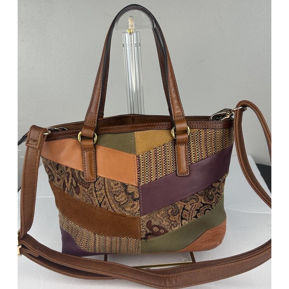 VTG Fossil Patchwork Shoulder Bag Suede Leather Tapestry Boho Key Charm Bag Y2k - Picture 3 of 10